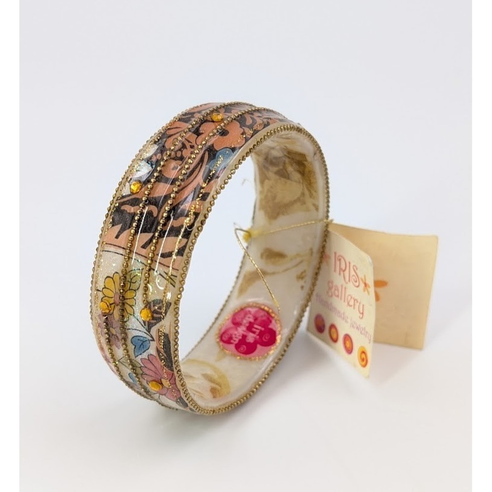 Iris Gallery Handmade Bangle Bracelet Floral Gold Tone‎ Botanical Art to Wear